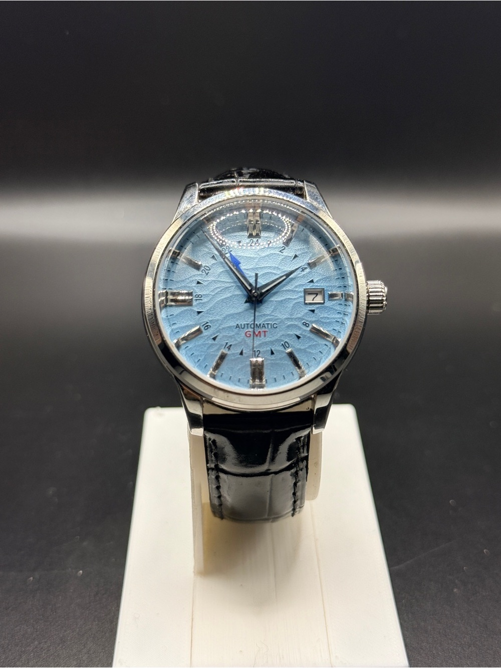 Custom Automatic GMT Watch Ice Blue Wave Dial NH34 Sapphire Leather